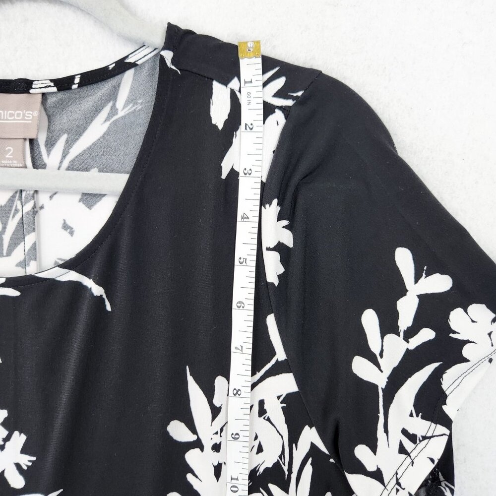 Chicos Dress Women 2 Black White 12 Floral Short Sleeve Midi Lightweight Casual - Picture 4 of 11